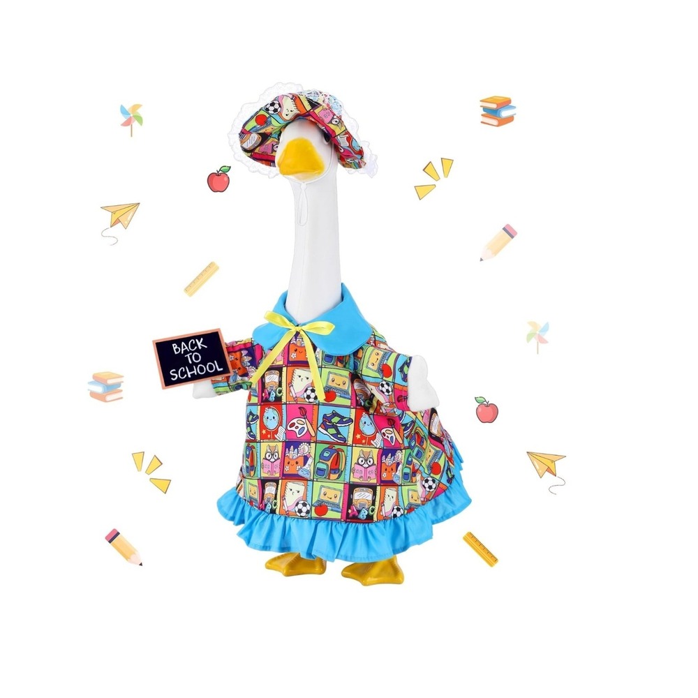 Back to School Lawn Goose Outfit Dress Bonnet Chalkboard Set Multi Color NEW